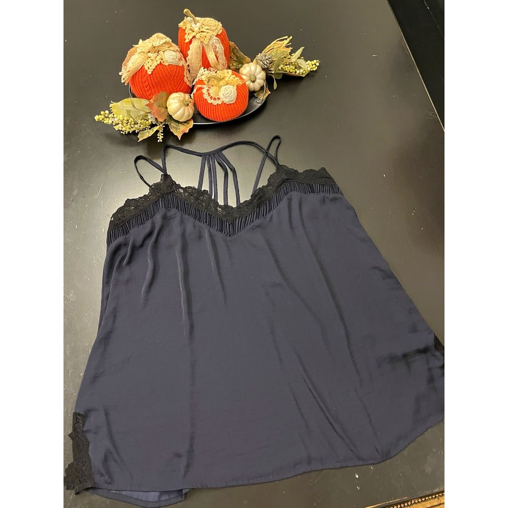 Lane Bryant Plus Size 28 Navy Black Solid Strappy Lace Trim Camisole Blouse